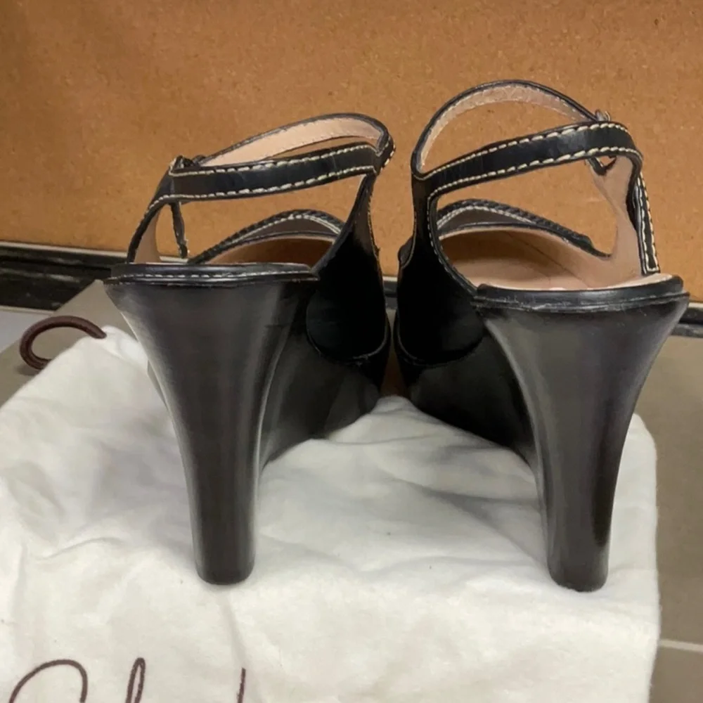 Cole Haan Black Leather Platform Mary Jane Wedge Slingbacks